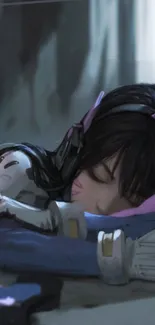 Anime gaming character peacefully resting with headphones.