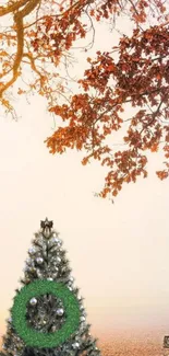 Christmas tree and autumn leaves mobile wallpaper with a bench in the scene.