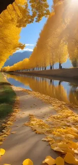 Serene autumn pathway with golden leaves and a tranquil canal.