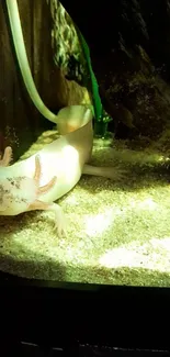 Axolotl resting in a dimly lit aquarium with a dark natural backdrop.