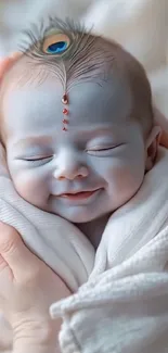 A serene baby in a Krishna-themed portrait with a peacock feather.