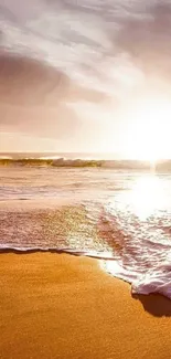 Serene beach at sunrise with golden sands and calm waves in warm hues.