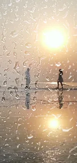 Beach sunset with raindrop effect wallpaper.