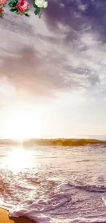 Peaceful beach sunset with floral decor and calm ocean waves.