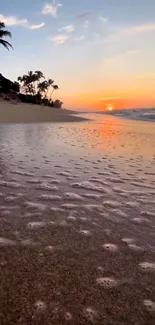 Serene beach with sunset and ocean waves creating a beautiful scene.