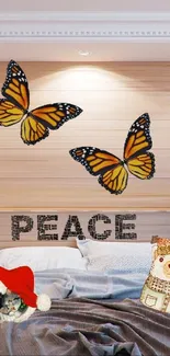 Bedroom with butterflies and peace sign on wall.