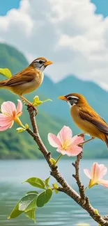 Two birds perched on a flowering branch by a lake.