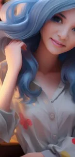 Animated blue-haired girl portrait with serene expression on mobile wallpaper.