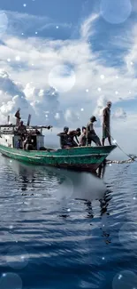 Boat on tranquil blue waters with sky and clouds.