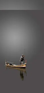 Fisherman in a wooden boat on dark, calm waters.