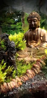 Golden Buddha statue in a lush green garden setting.