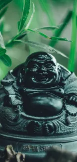 A black Buddha statue surrounded by lush green leaves, exuding a serene ambiance.