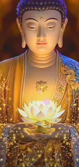 Serene Buddha holding a glowing lotus flower.