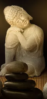 Calming Buddha statue with candles and stones on a peaceful wallpaper.