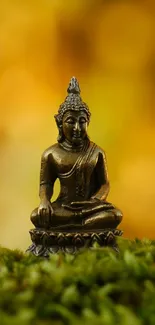 Buddha statue on moss with blurry golden bokeh background.