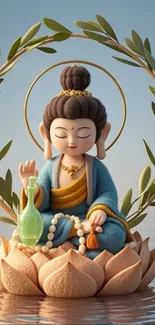 Serene Buddha sculpture with lotus flower.