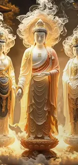 Trio of serene Buddha statues with ethereal aura.