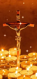 Serene candlelit crucifix creates a calm ambiance.