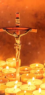 Candlelit crucifix with a warm glow creating peaceful ambiance.