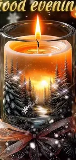 Candle in a glass jar with winter forest design and 'Good evening' text.