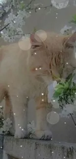 Ginger cat walking on a fence surrounded by spring blossoms.