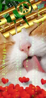 Cute cat with 'Stop Wars' text and hearts overlay on a tech-themed background.