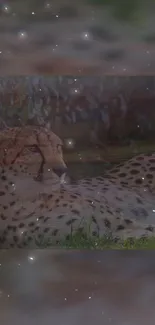 Serene cheetah resting under a starry night sky in a tranquil setting.