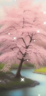 Tranquil cherry blossom tree by a gentle stream under soft sunlight.