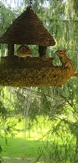 Chipmunks resting on a rustic birdhouse in a green forest setting.