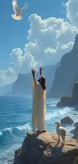 Angelic figure on a rocky beach with ocean waves and blue sky.