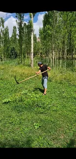 A serene countryside with a farmer in a green meadow and tall trees.