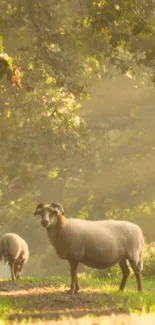 Two sheep in a sunlit rural path with leafy trees.