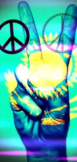 Cyan peace sign wallpaper with glowing symbols.