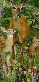 Deer family amidst vibrant forest scene with flowers.