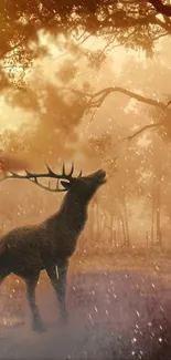 Majestic deer in a golden forest, radiating calmness.