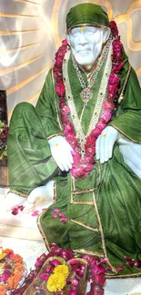 Deity in green robes surrounded by flowers.