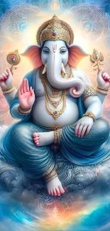 Divine elephant god with blue and gold accents on a mystical mobile wallpaper.