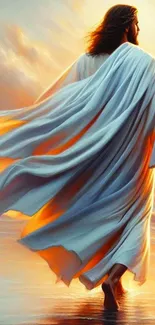 Divine figure in white robes walking by the ocean at sunset, exuding serenity.