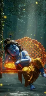 Divine figure resting on a decorated swing amidst a mystical forest.