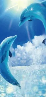 Two dolphins leaping in a bright ocean scene wallpaper.