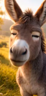 A serene donkey relaxing in a sunlit meadow, eyes closed.