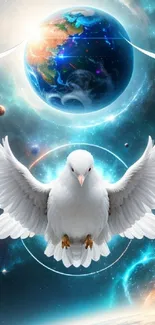 White dove soaring in a cosmic galaxy background.