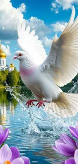White dove flying over a lake with flowers and a golden dome.