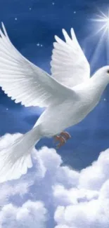 White dove flying amid clouds in a starry blue sky.