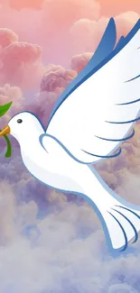 White dove with olive branch flying over colorful sky with clouds.