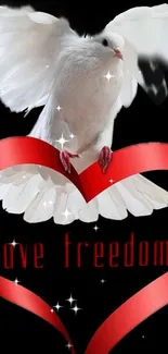 White dove with red heart ribbon on black background.