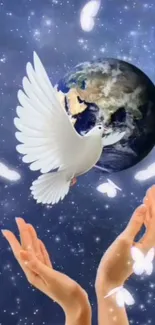 White dove with Earth and butterflies in a starry space background.