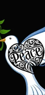 White dove with olive branch and heart on a black background wallpaper.