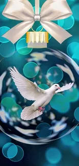 White dove with blue bokeh lights on wallpaper.