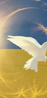 White dove soaring in sunlight, blue and yellow backdrop.